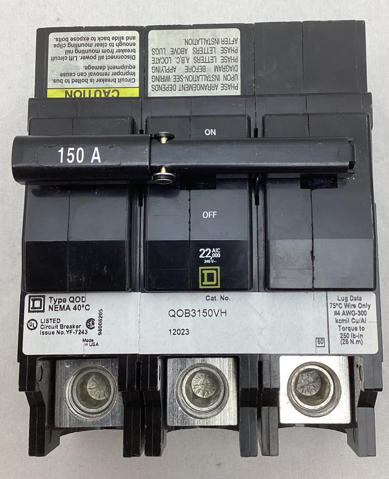 Square D QOB3150VH 150A 3P 240V Circuit Breaker Factory New 50/60Hz