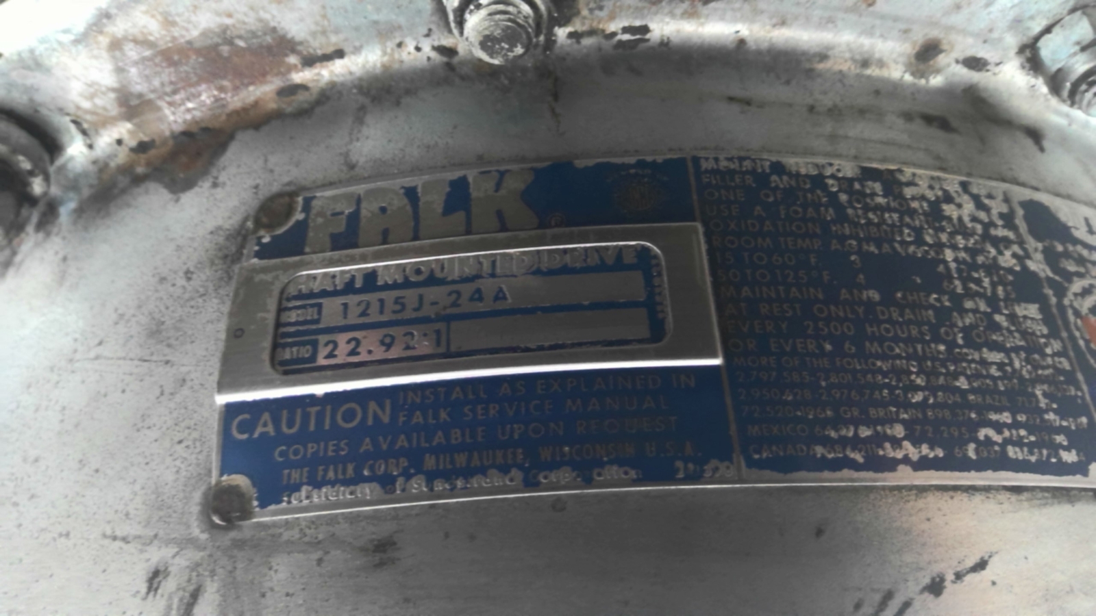 Falk 1215J-24A Shaft Mounted Gear Reducer 22.92:1 Ratio
