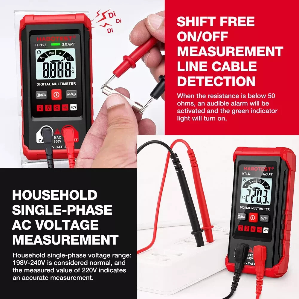 HT123 Digital Multimeter Smart Voltmeter Ohmmeter AC DC Meter Tester – US