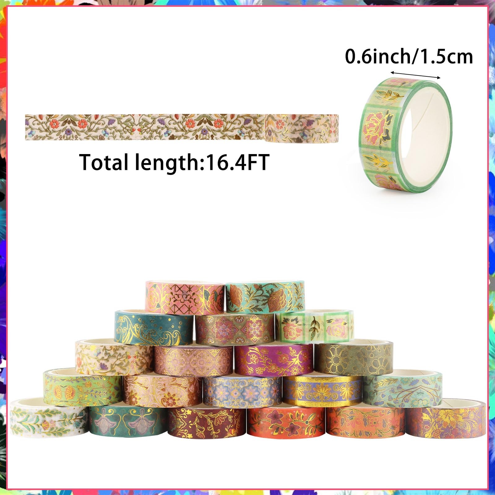 Washi Tape Set 20 Rolls Gold Foil Floral Decorative Tape Vintage Aesthetic Maski