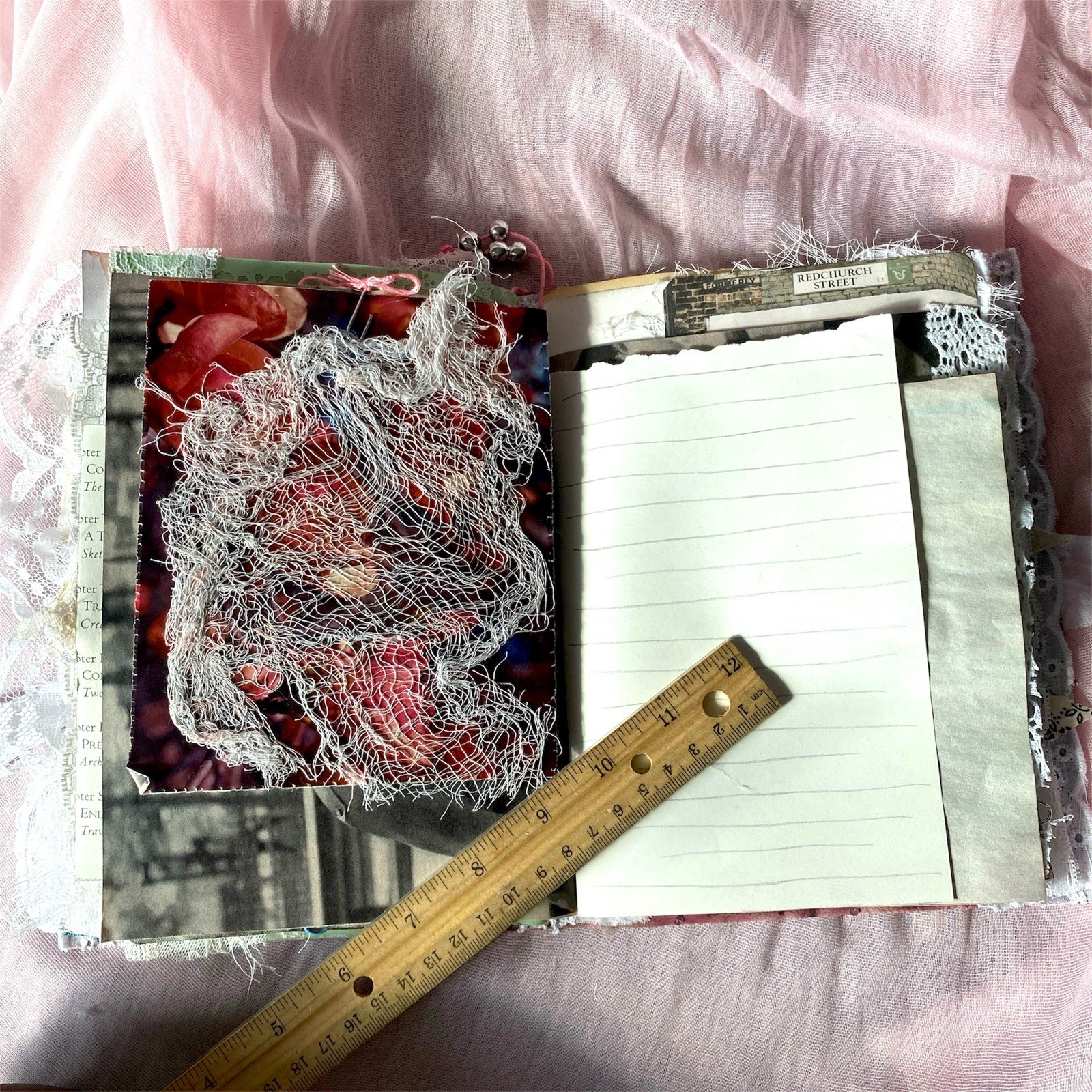 Handmade Vintage Silk Fabric Junk Journal Book Romantic Floral 2 Signatures Lace