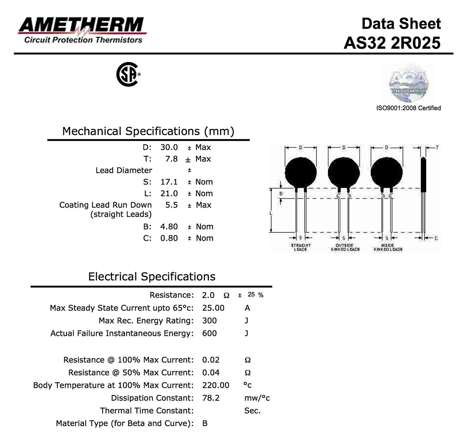 Aqua-Rite Thermistor AS32 2R025. Pack of 2 Inrush Current Limiter 2 Ohm Ohm ±…