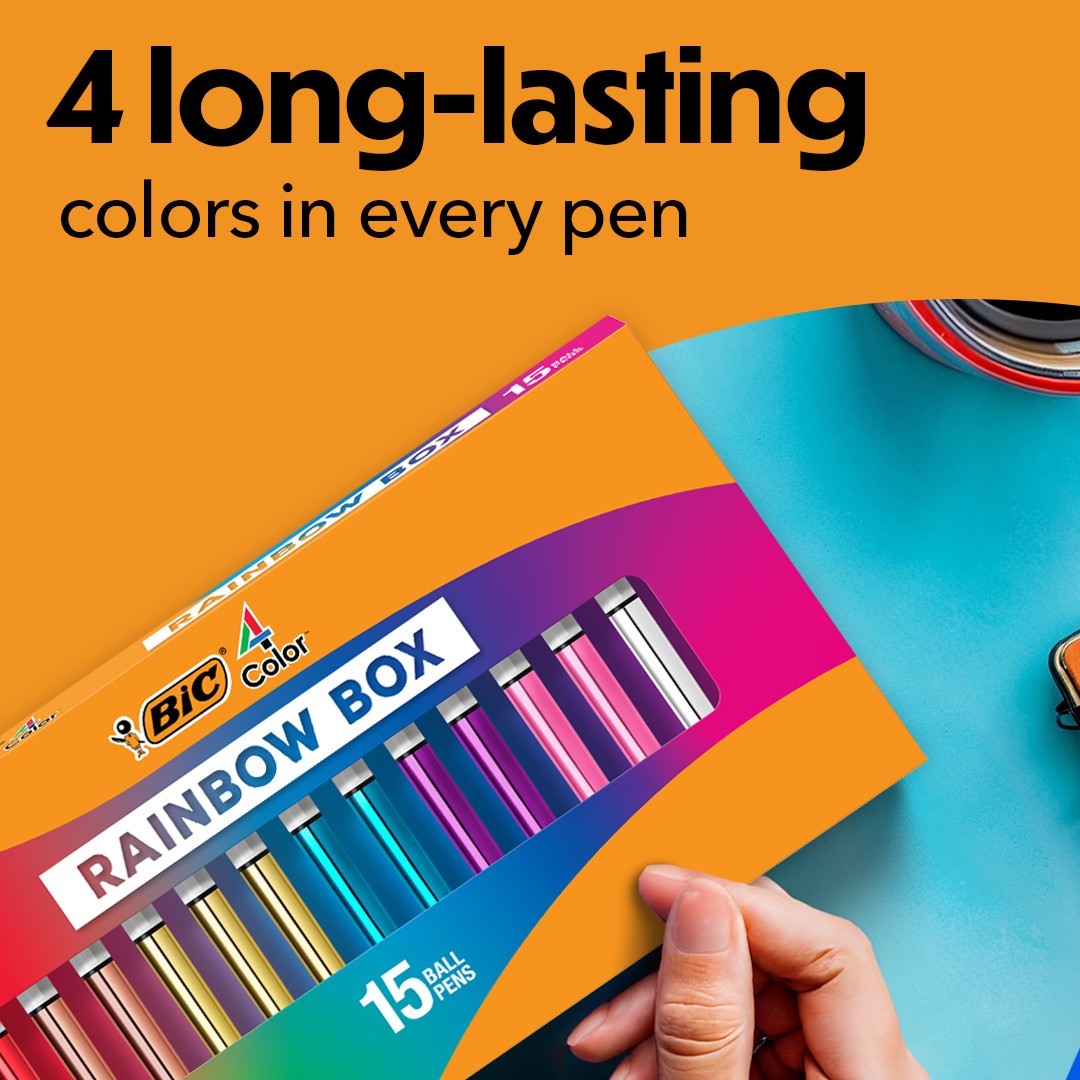 BIC 4-Color Rainbow Shine Limited Edition Set, Box of 15 Pens, Medium Point