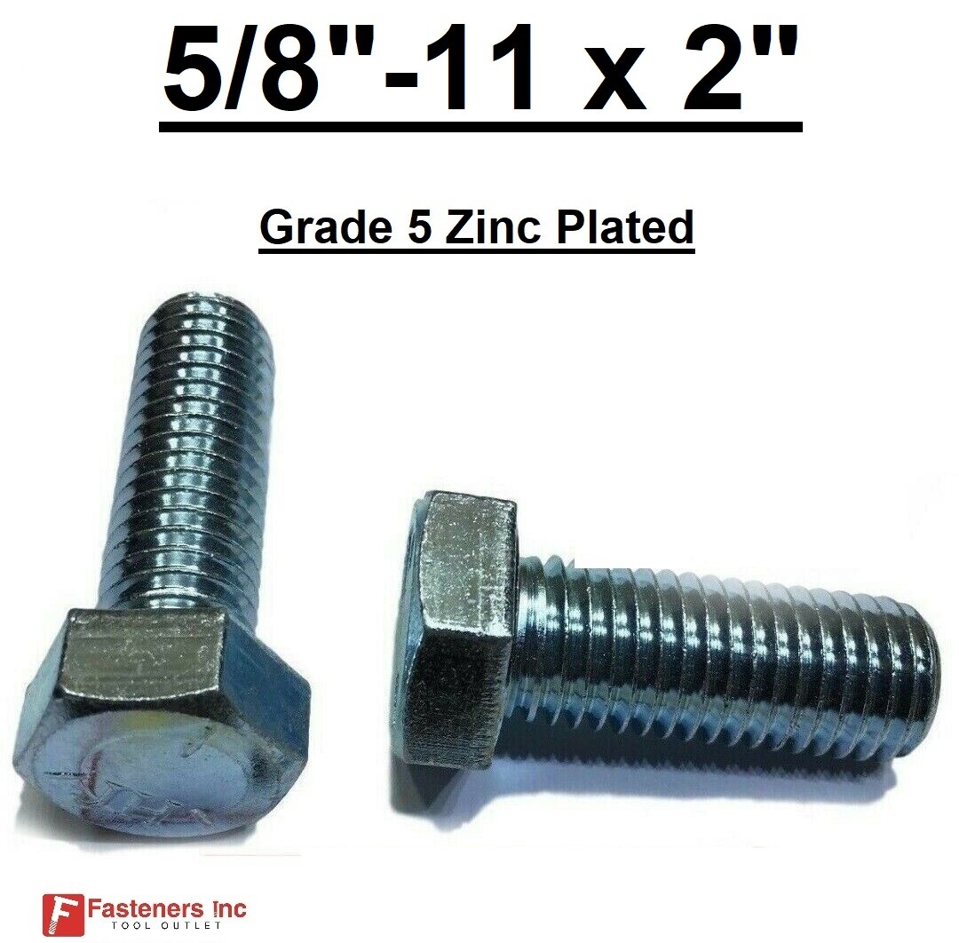 5/8-11 x 2″ (FT) Hex Bolt Zinc Plated Grade 5 Cap Screw Coarse Thread