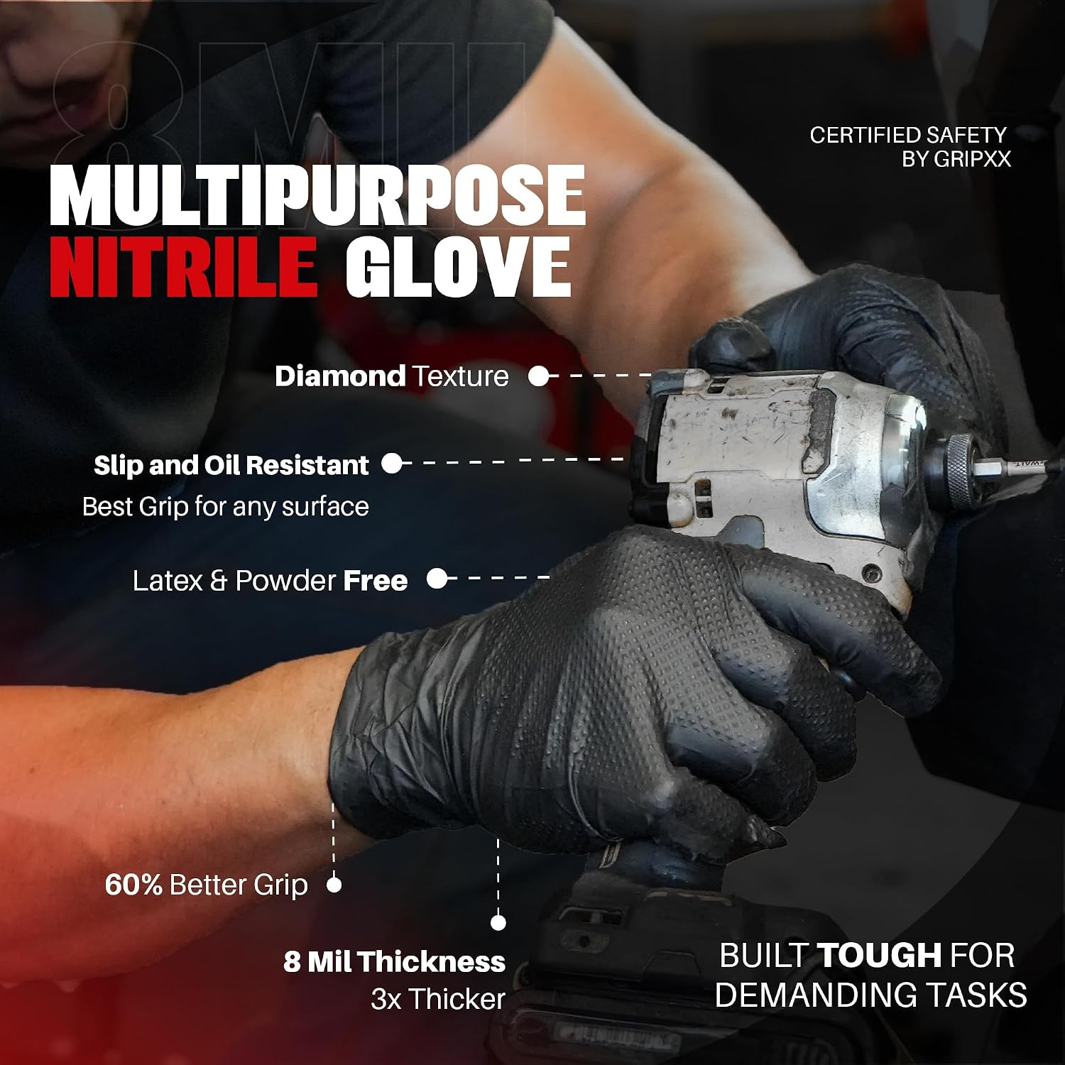 Herkules Grip Heavy Duty 8Mil Black Nitrile Gloves,3D Raised Diamond Texture-Lat