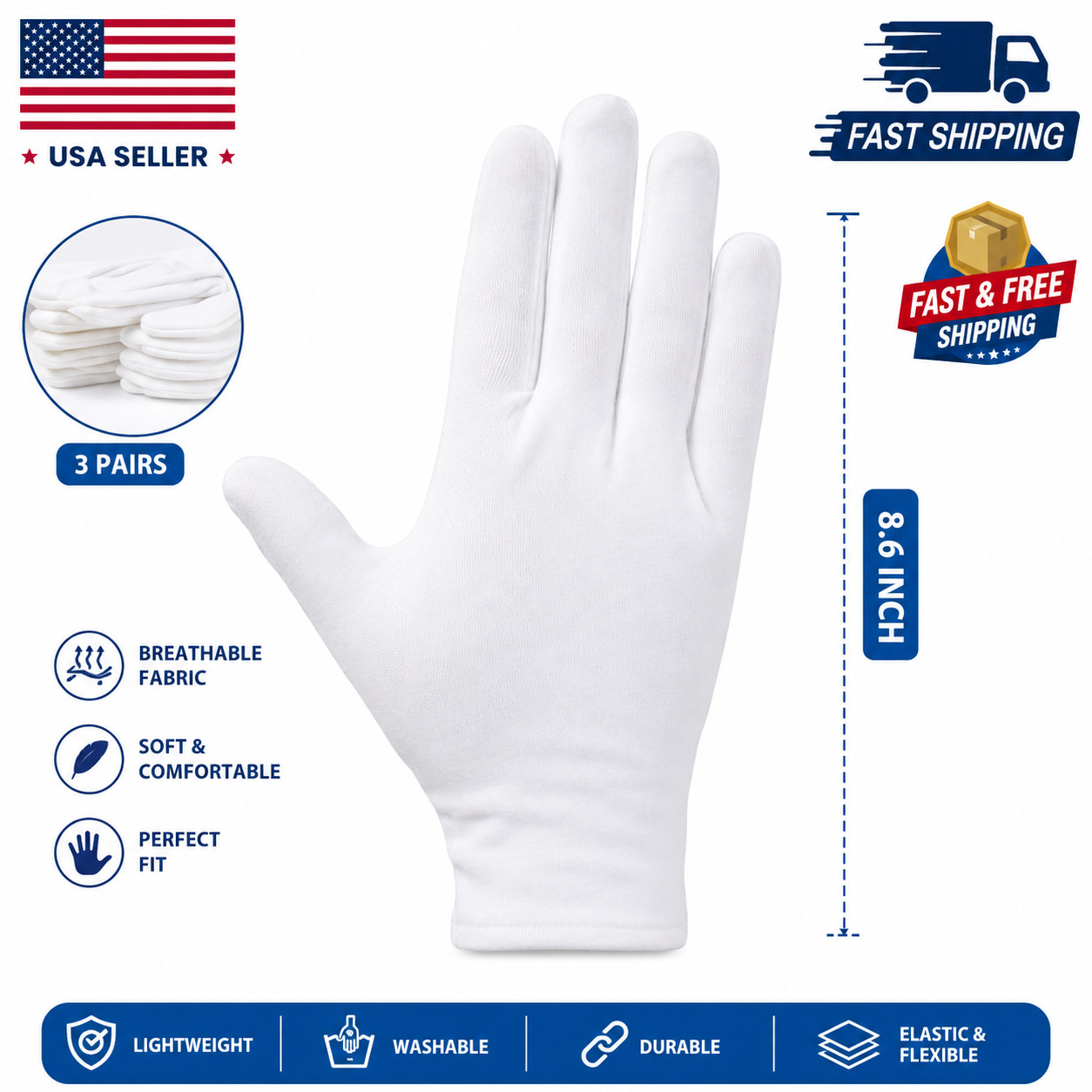 3 Pairs White Cotton Gloves Moisturizing Overnight Dry Hands Eczema Jewelry XL