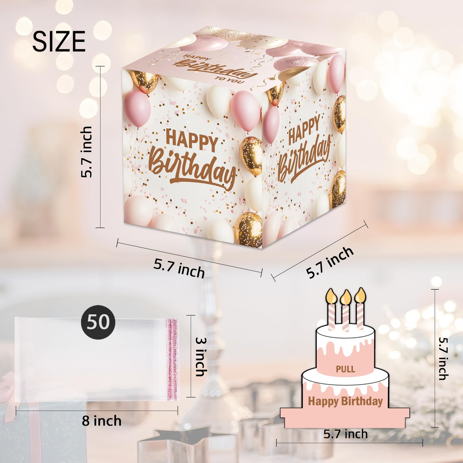 1 Set Simple Pink Birthday Money Box For Cash Pull Out Card 50PCS Bags