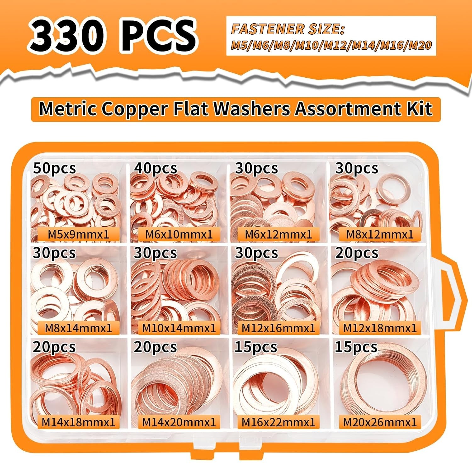330PCS Copper Crush Washer Assortment Kit M5-M20 Metric Copper Sealing Washers