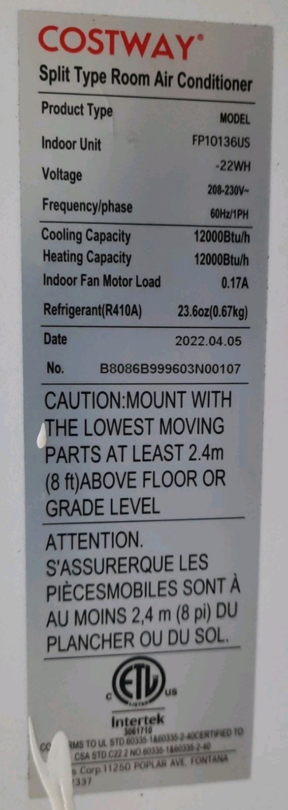 Costway 12000 BTU Mini Split Unit FP10136US-22WH Receiver Panel CTTK-99X57-AKS