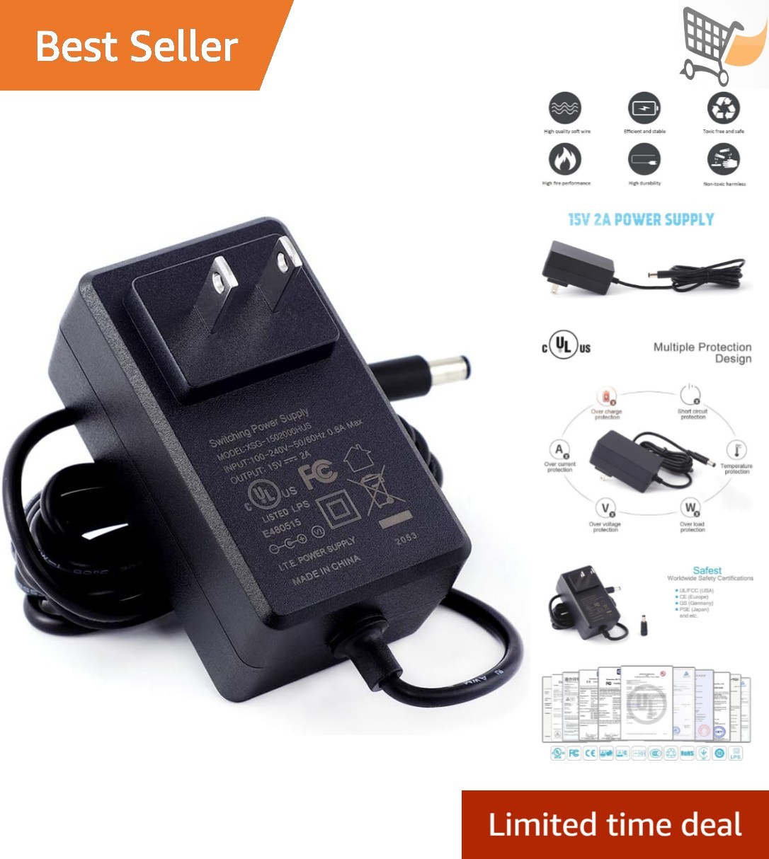 15V 2A Power Supply Adapter 30W Short Circuit Protection for Speakers