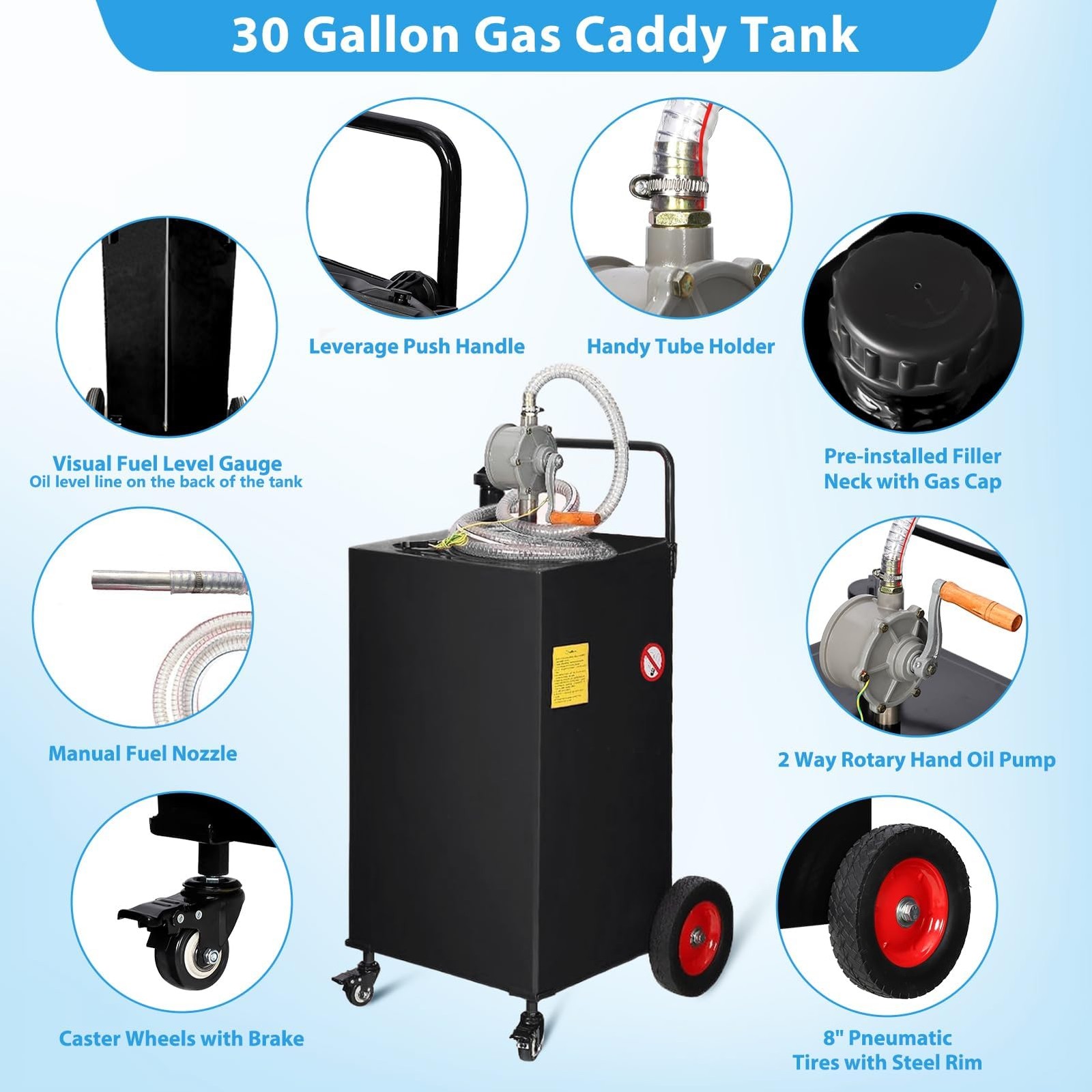 30 Gallon Fuel Caddy with Manual Pump 4-Wheel Steel Tank for Cars Trucks Boats