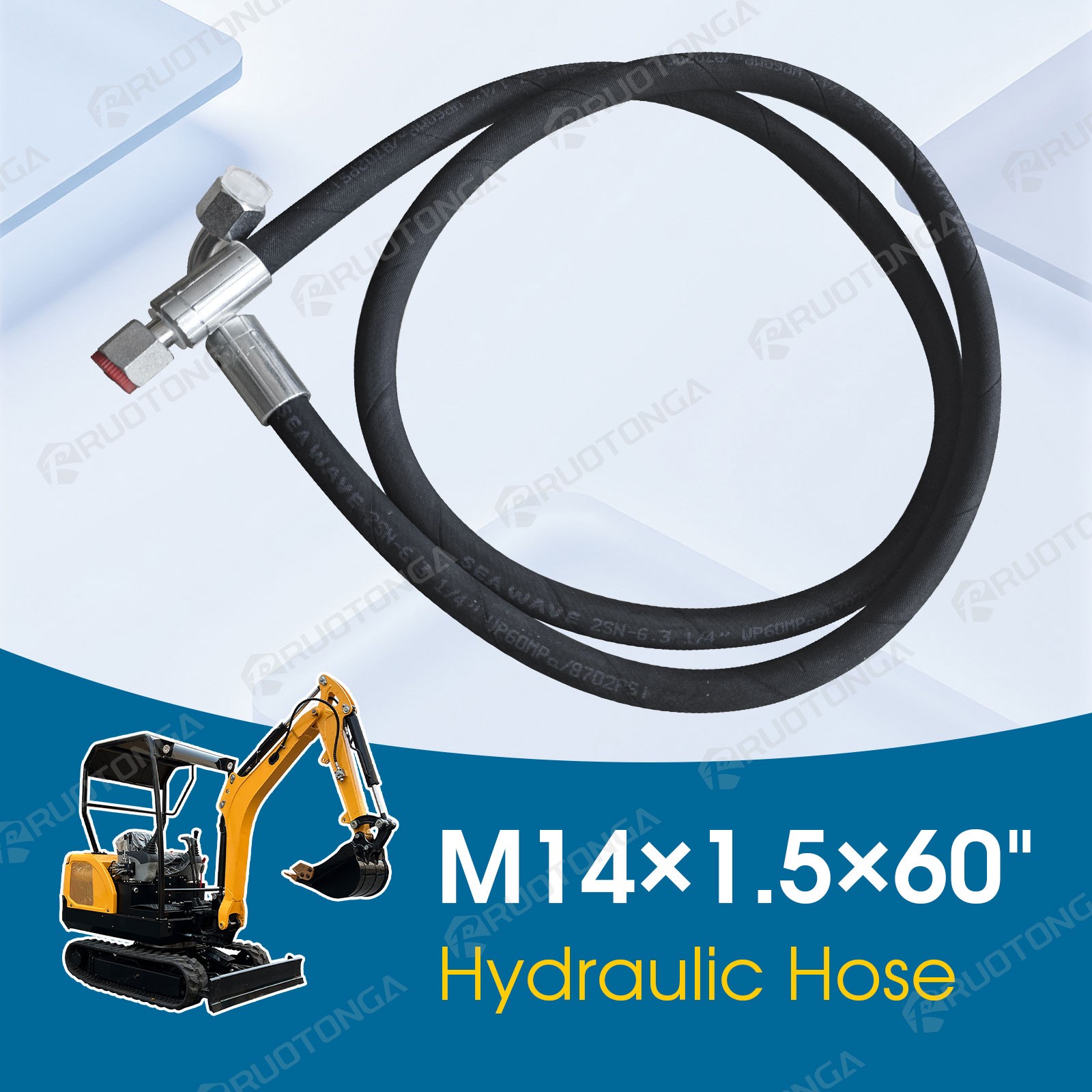 Agt Miva Chinese Mini Excavator Hydraulic Hose M14x1.5 X 60″ One End 90° One Str