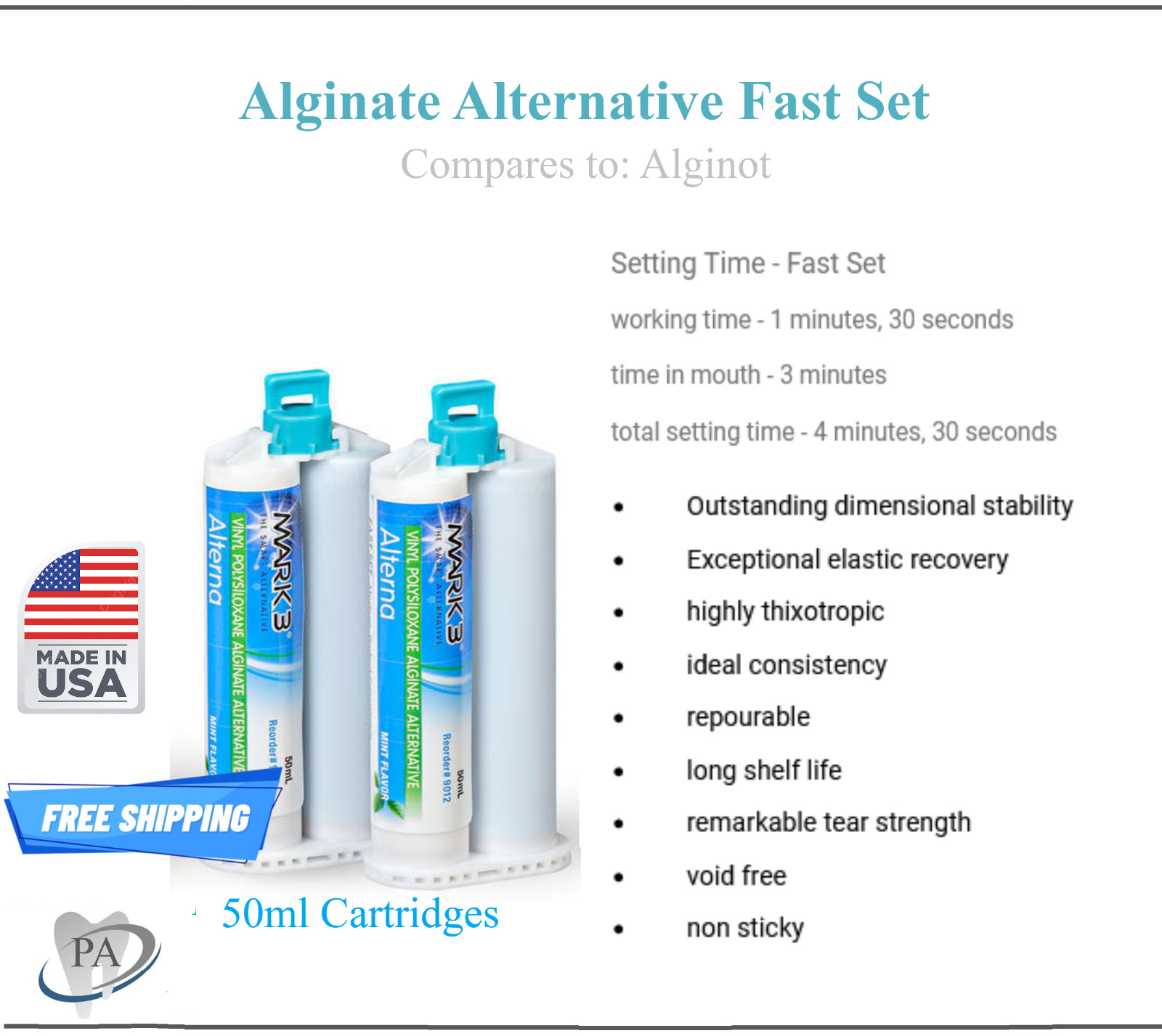 Dental Alginate Substitute Alternative 50ml Cartridges or 380ml Fast Set, Mark3