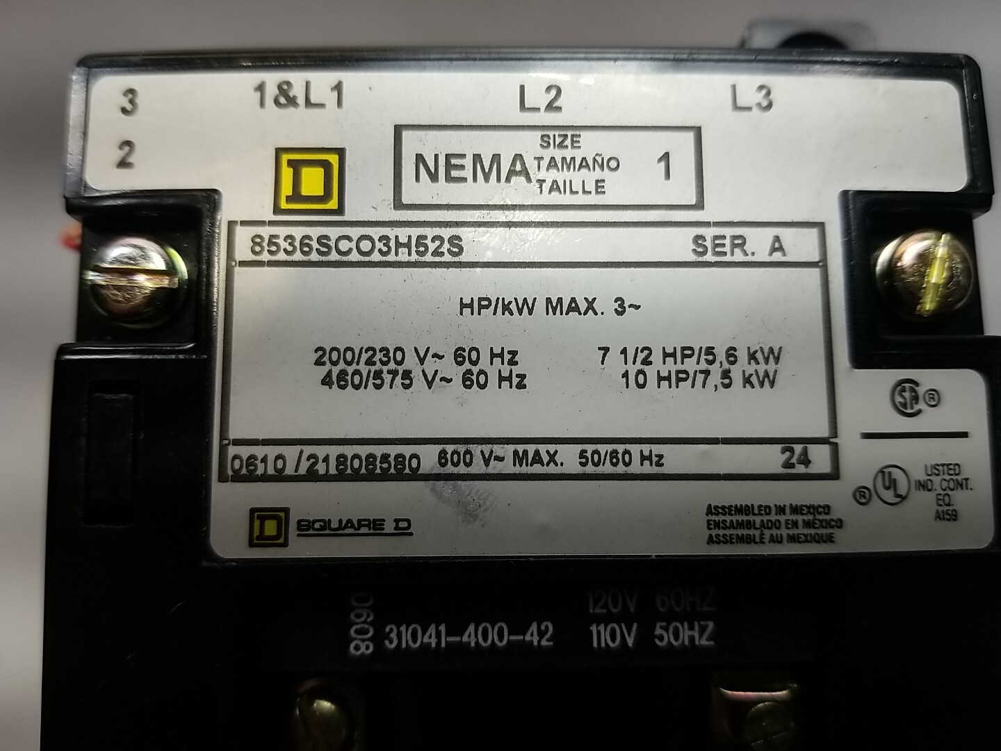 Square D 8536SCO3H52S Nema Size 1 Contactor Series A