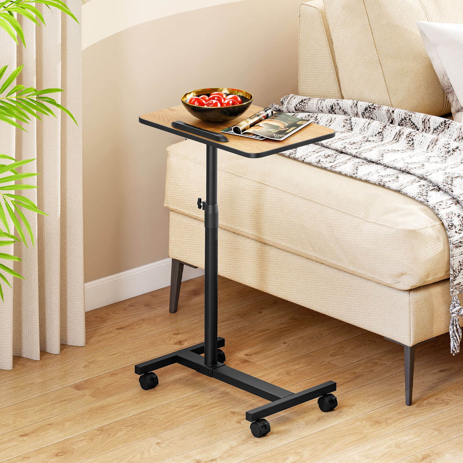 Costway Overbed Rolling Table Over Bed Laptop Food Tray Desk Tilting Top Natural