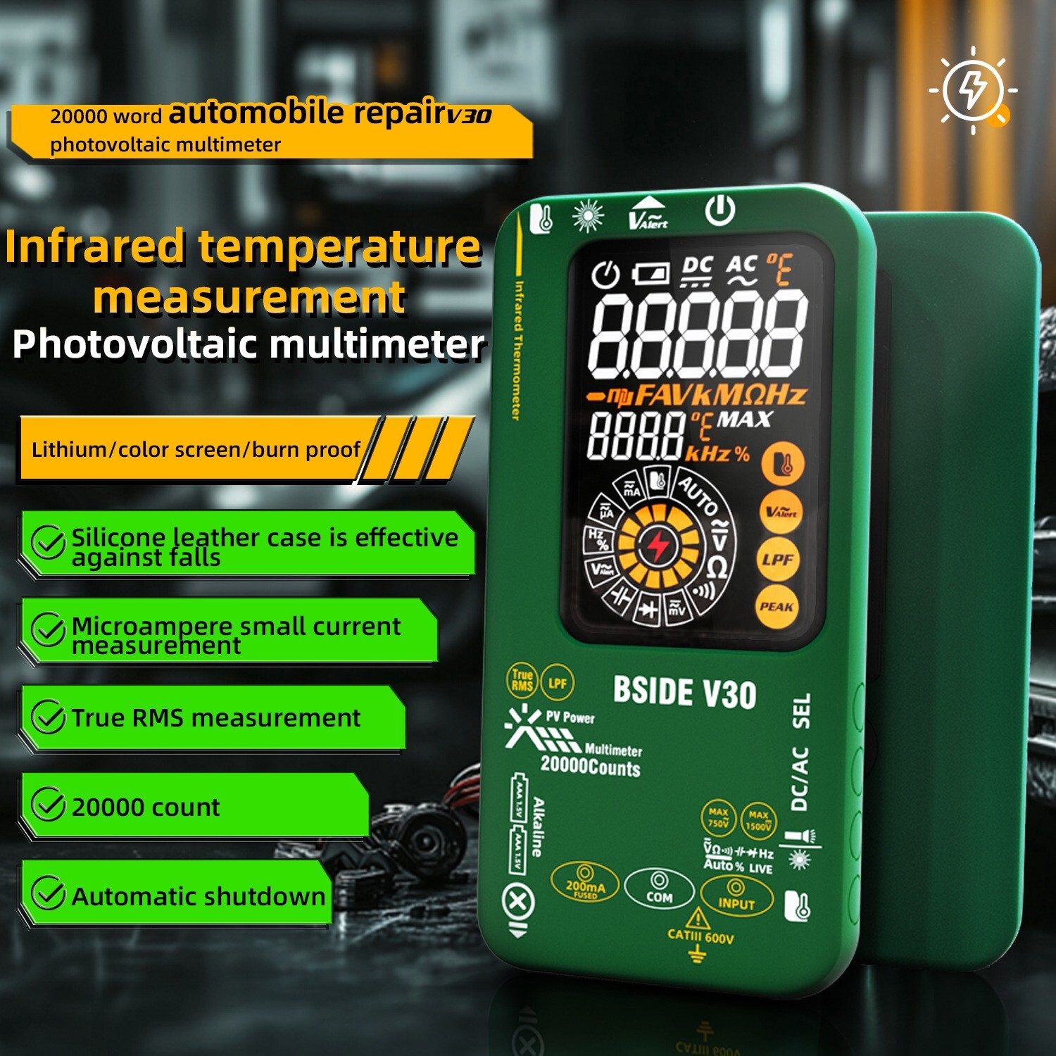 Photovoltaic Multimeter mV/uA IR Thermometer Test Pen TRMS Li-Battery Color LCD