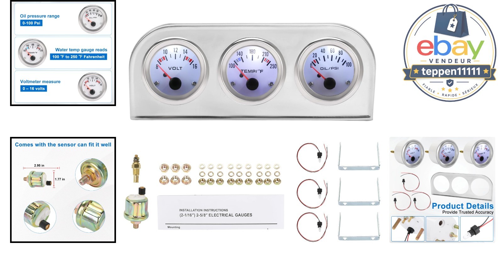 52mm Water Temp Oil Pressure Voltmeter Triple Gauge Set 3 in 1