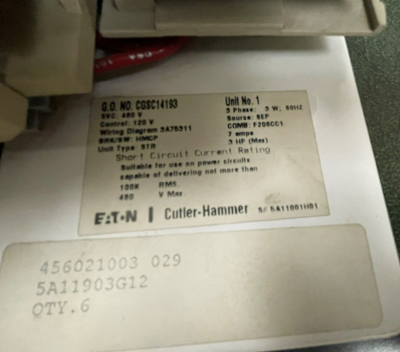 Cutler Hammer Motor Control Unit Size 1 3HP FVNR HMCP Breaker MCC Bucket 6″T