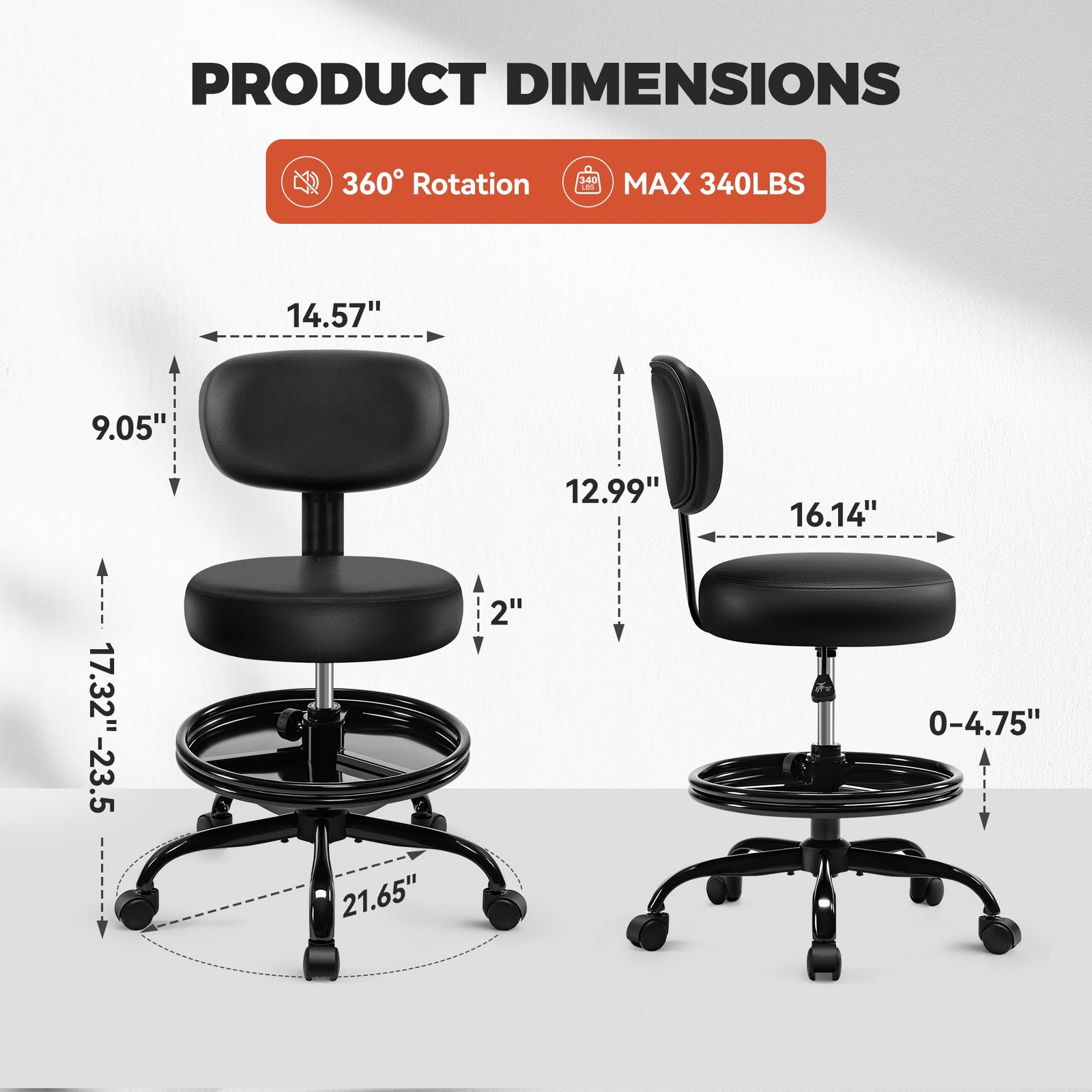 Shop Stool with Wheels for Garage, Mechanics Rolling Chair with Backrest, Adjust