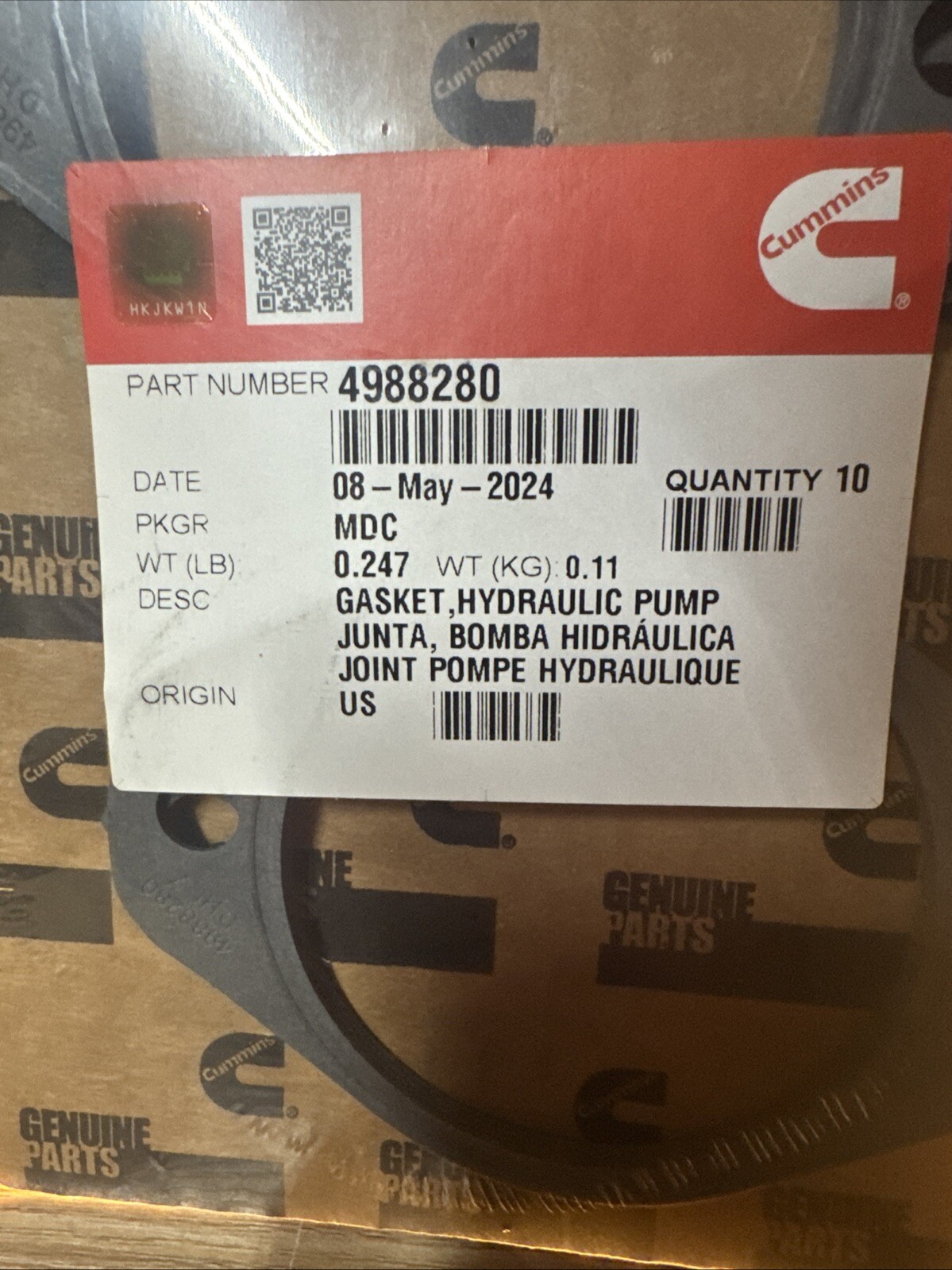 CUMMINS 4988280 HYDRAULIC PUMP GASKET QTY 10