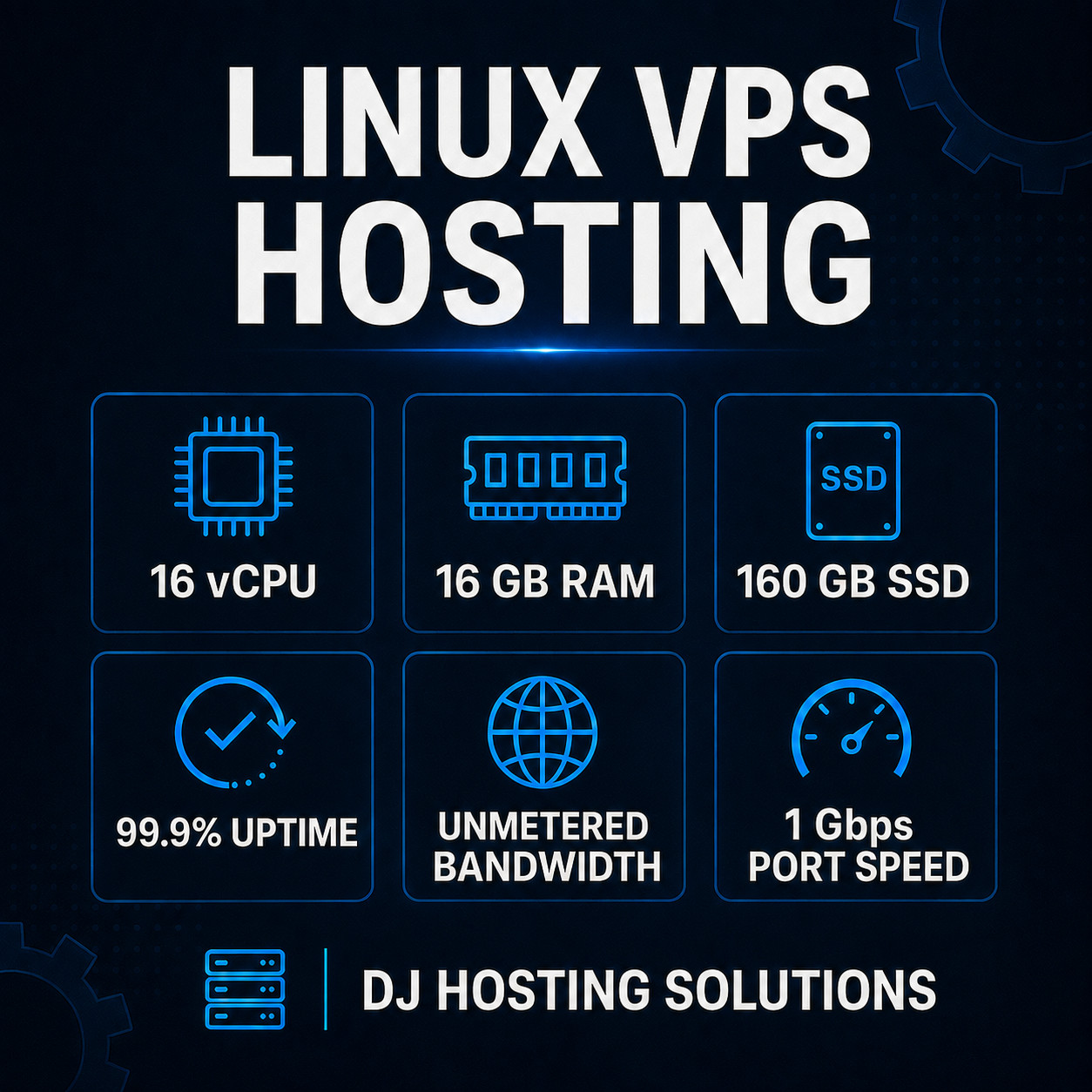 Linux VPS Hosting 16 GB RAM / 160 GB SSD / 16 vCPU – Unmeter Bandwidth / 1 month