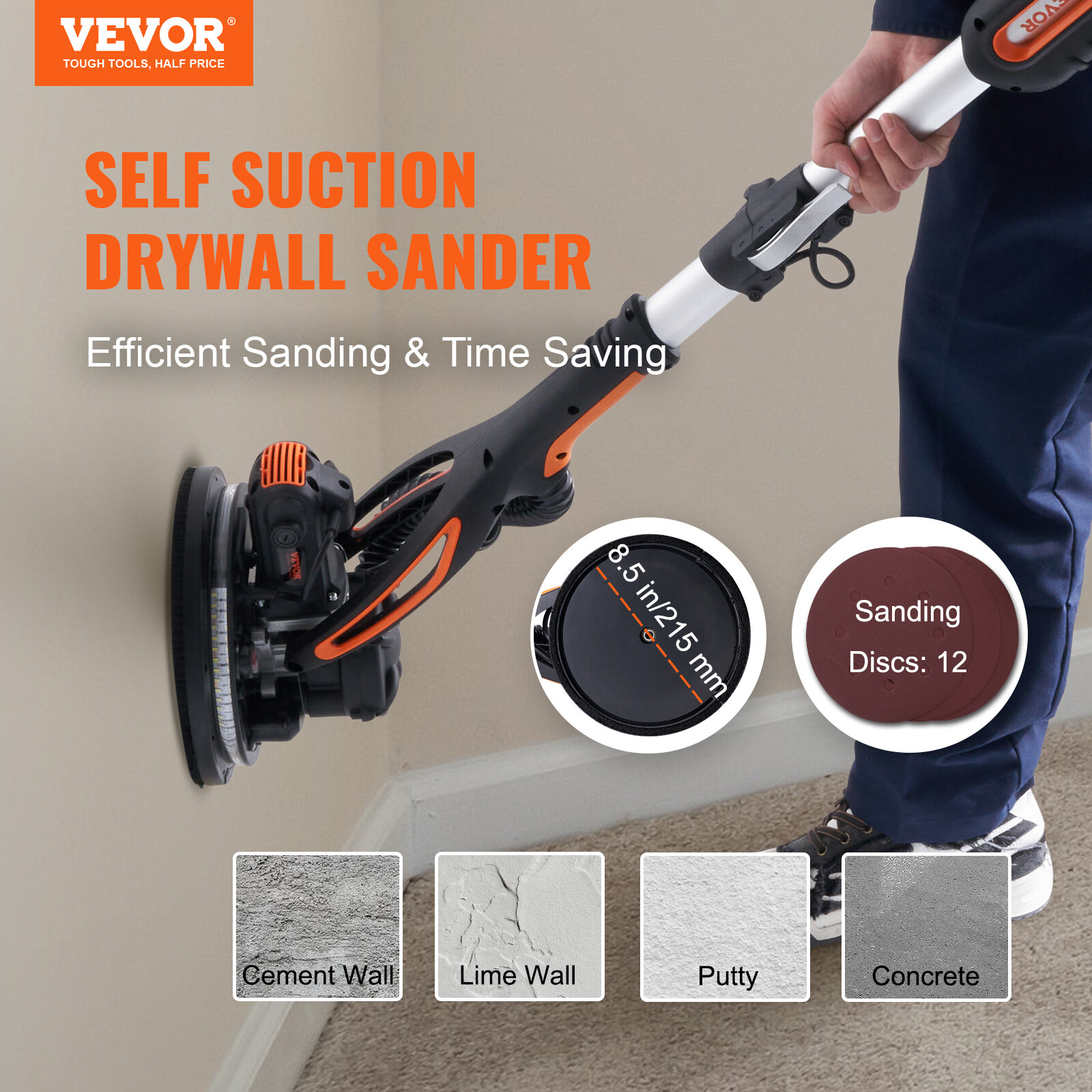 VEVOR Drywall Sander 900W Brush Motor 800-1800RPM Variable Speed & Self-Suction