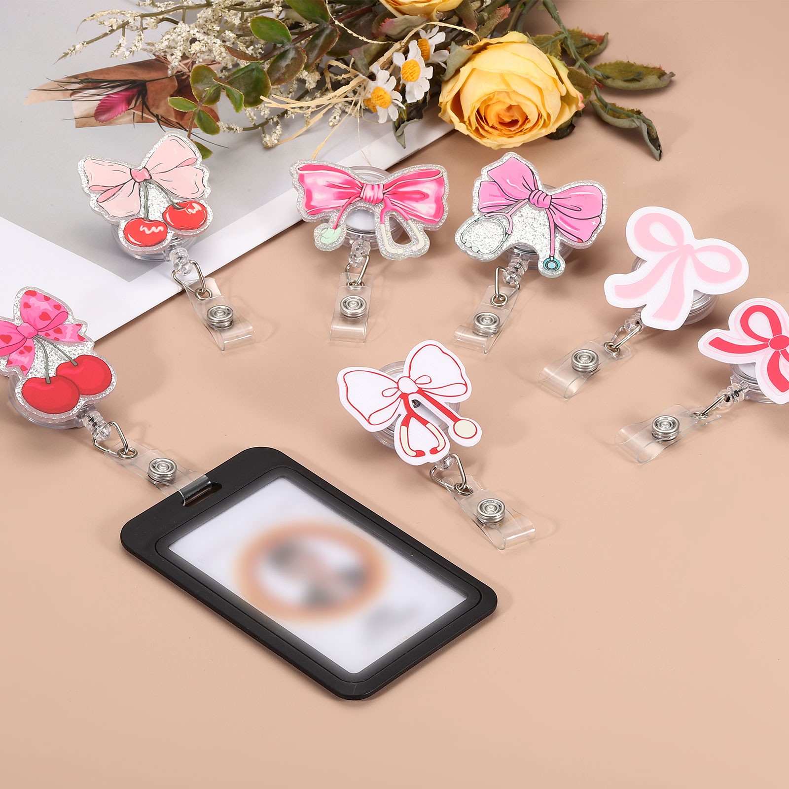 2pcs Acrylic Bow Badge Holder 1.61″x2.05″ with Retractable Cord, Silver Red-Pink