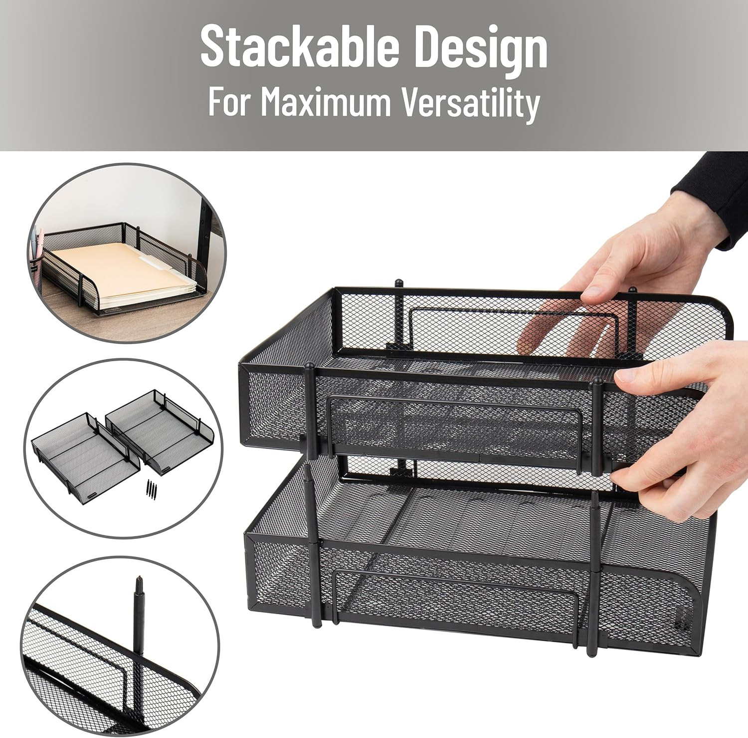 Stackable Paper Tray, Desktop Organizer, File Storage, Office, Metal Mesh, 2 Pcs