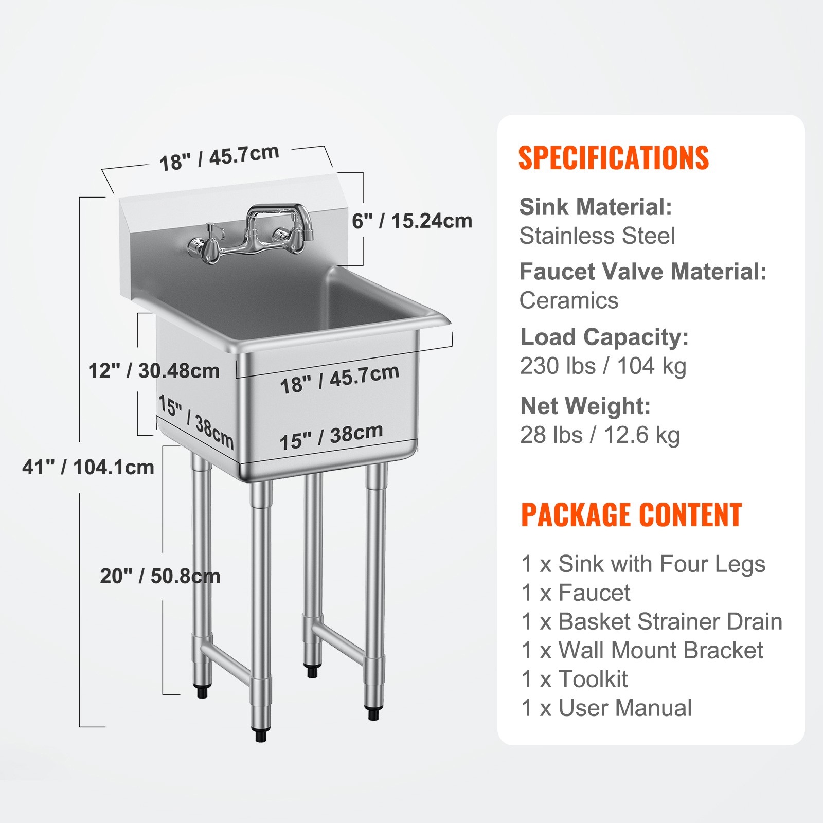 VEVOR 15″x15″ Commercial Utility & Prep Sink 1 Compartment Stainless Steel NSF