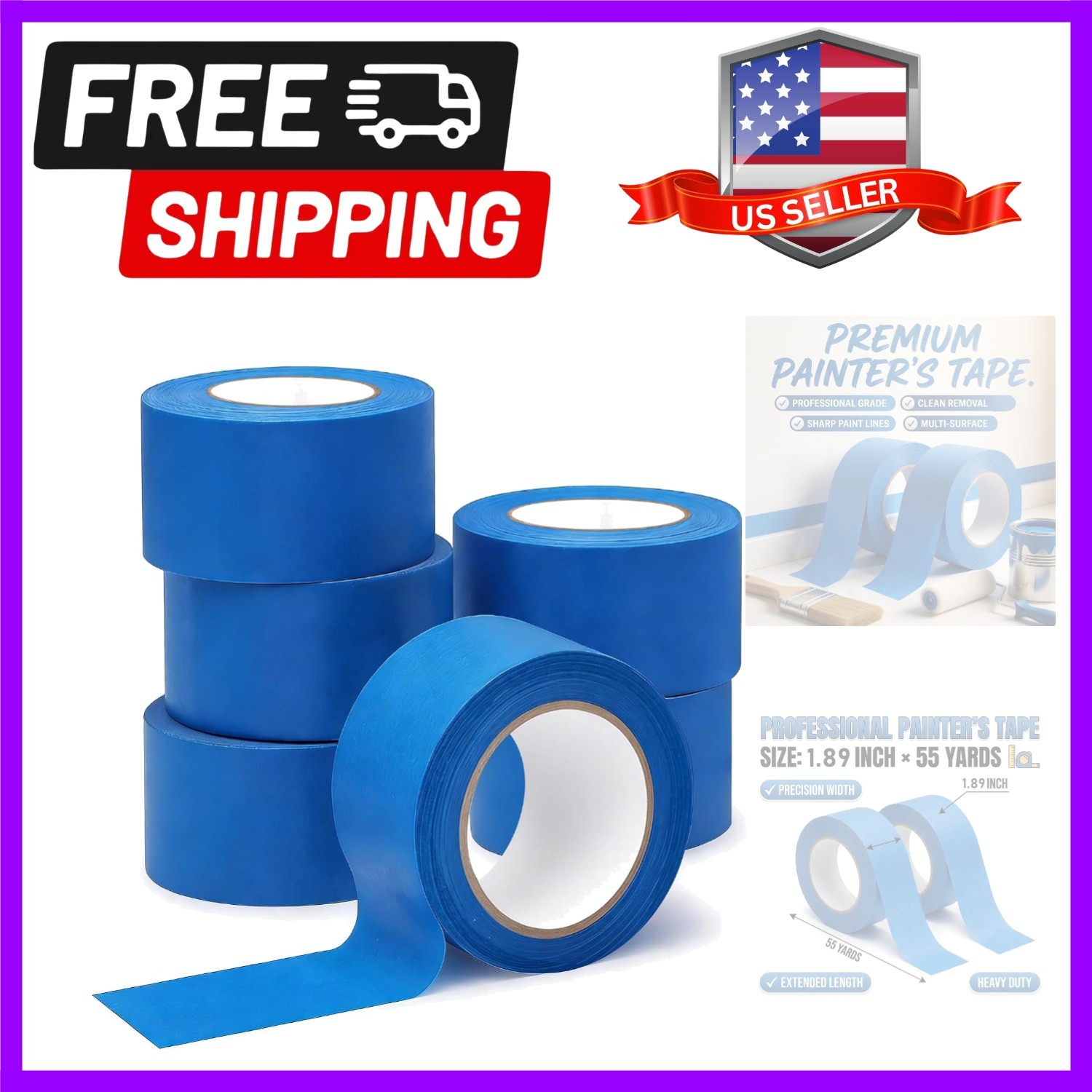 Painters Tape 2 Inch Wide（ 1.89 in. x 55 Yds）, 6 Rolls – Blue Masking Tape fo…