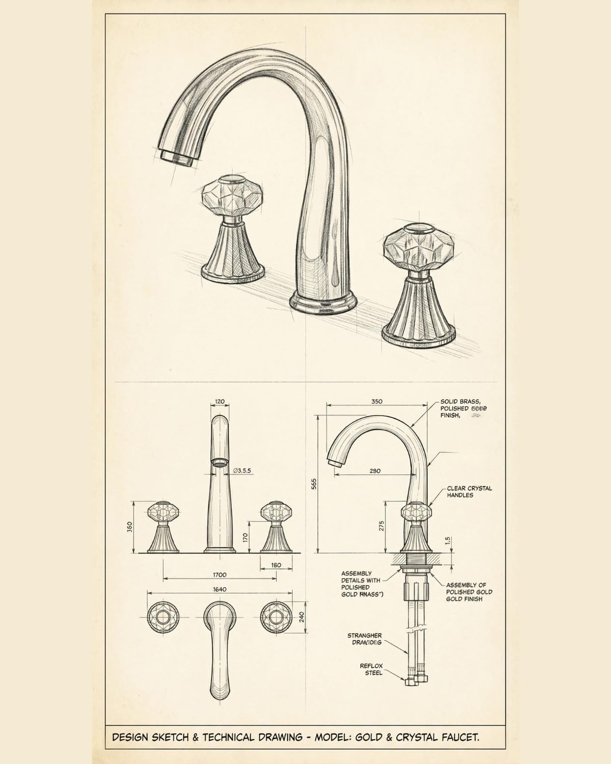Gold Crystal 3 Hole 8 Inch Brass 2 Handle 2 Tone Widespread Bathroom Faucet Set