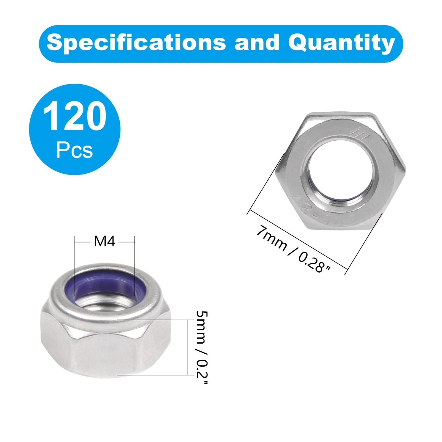 120PCS M4 Locknuts M4x0.7mm Nylon Insert Hex Lock Nuts 304 Stainless Steel Me…
