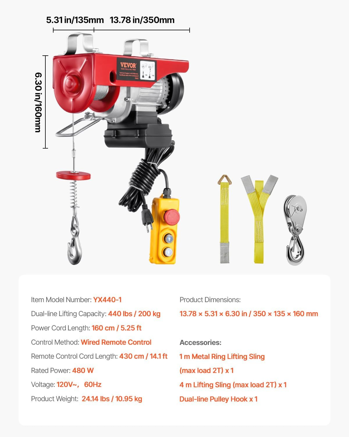 Electric Hoist with Remote Control, 440 Lbs Material Handling Tool, 110V Electri