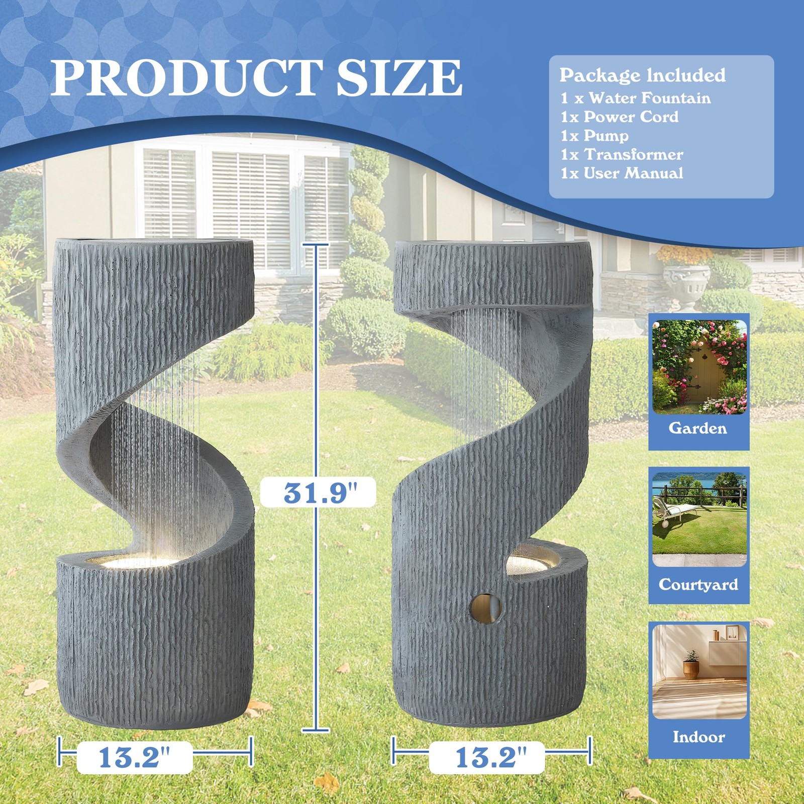 31.9″ S-Shaped Water Fountain LED Lights Cascading Indoor Outdoor Floor Standing