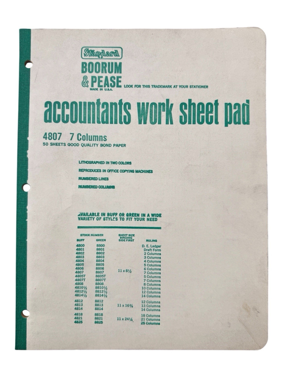 Boorum & Pease Accountants Work Columnar Pad 11×8.5 in #4807, 7 Columns Green