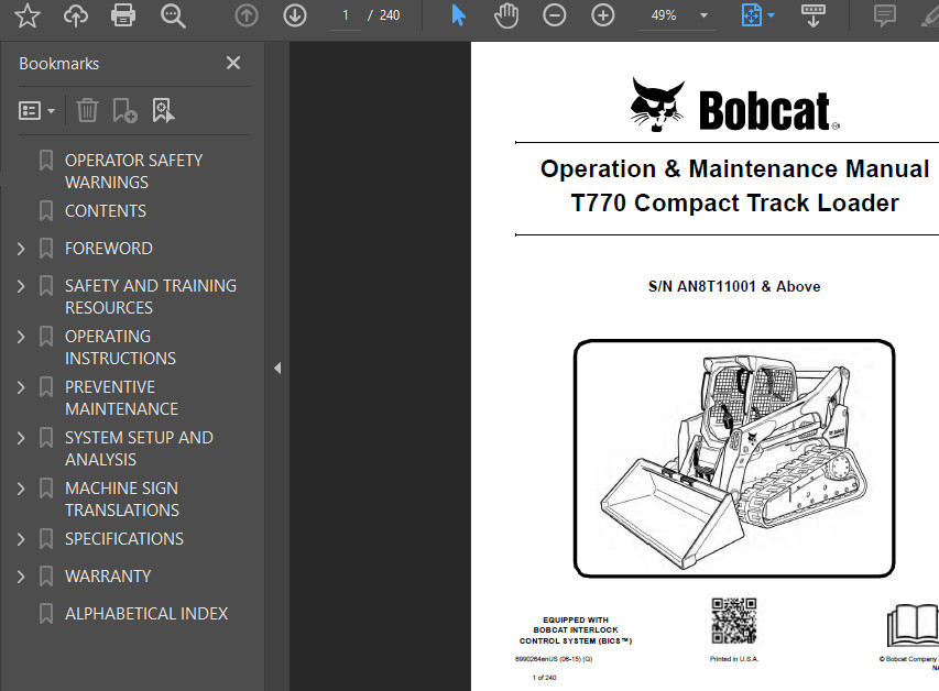 BOBCAT T770 COMPACT TRACK LOADER OPERATORS SERVICE REPAIR SHOP MANUAL PDF USB