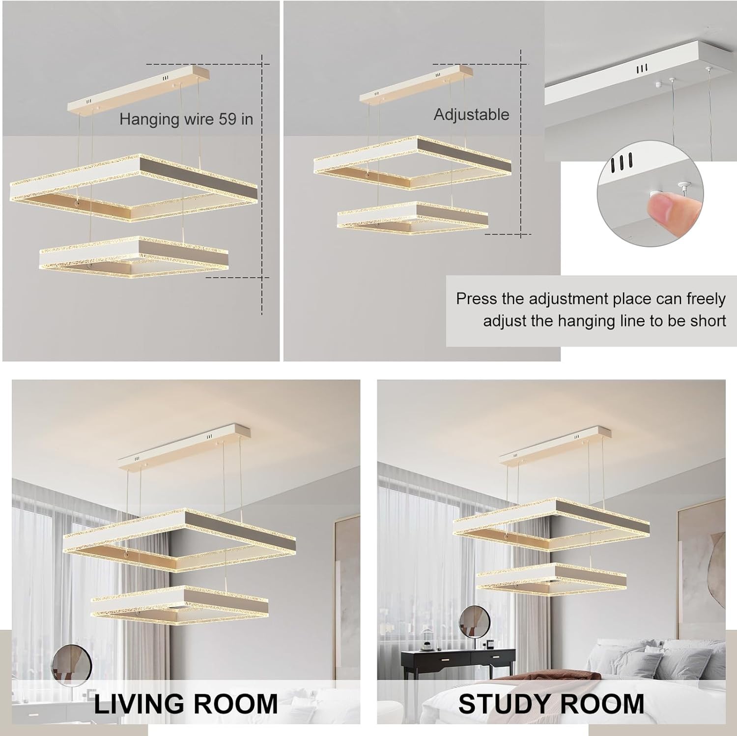 White Square 2-Ring LED Chandelier Dimmable Ceiling Light w/ Remote Control