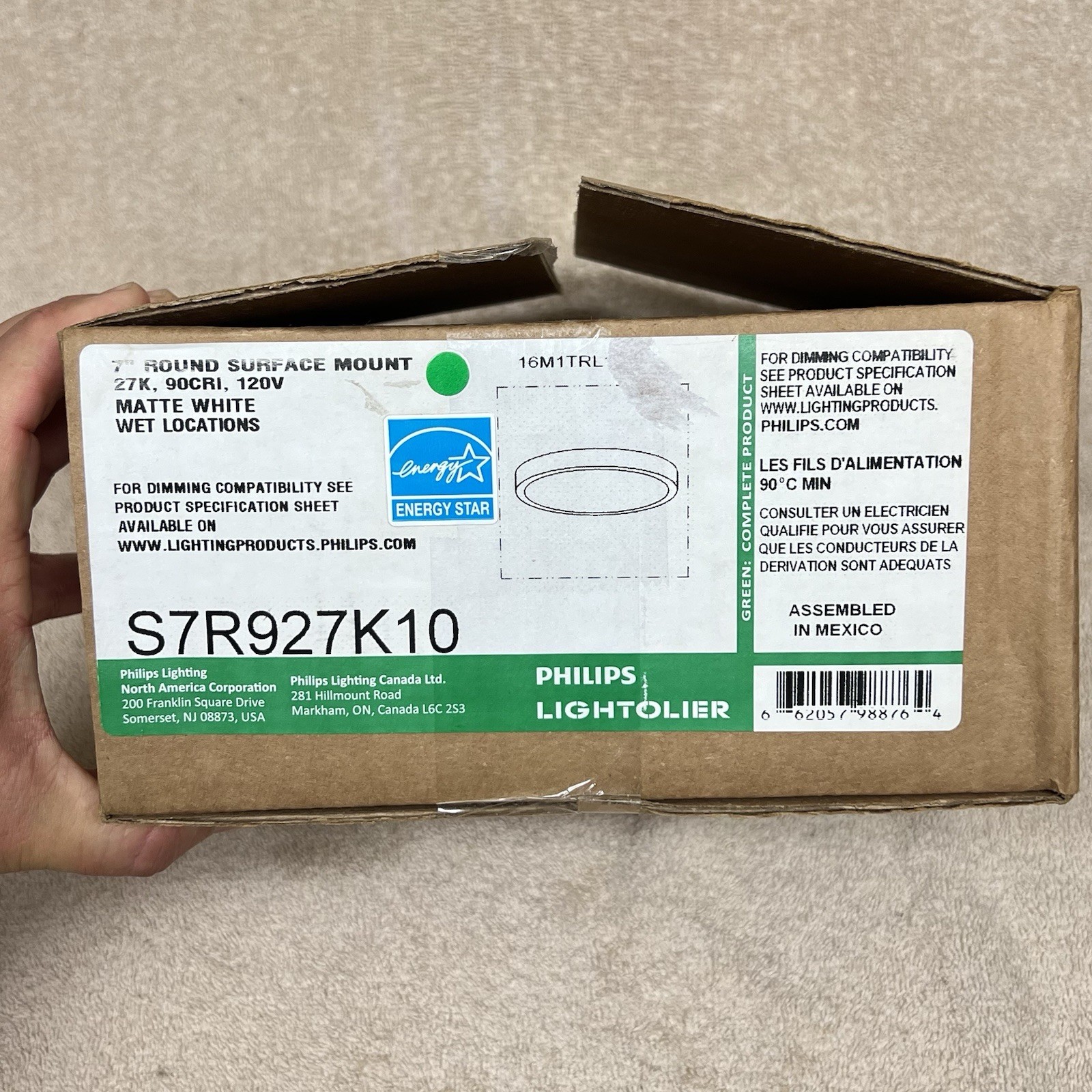 Philips Lightolier 7″ ROUND SURFACE MOUNT27K, 90CRI, 120V MATTE WHITE S7R927K10