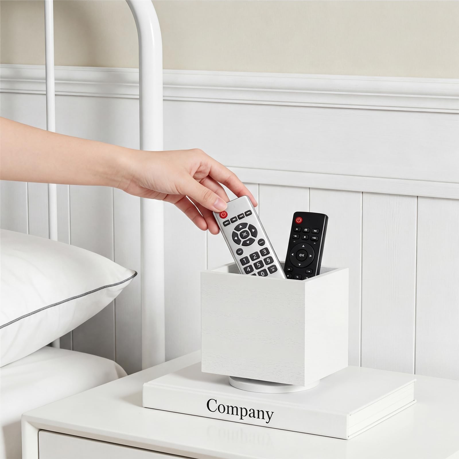 360 Rotating Wooden TV Remote Control Holder Desktop Caddy Organizer White