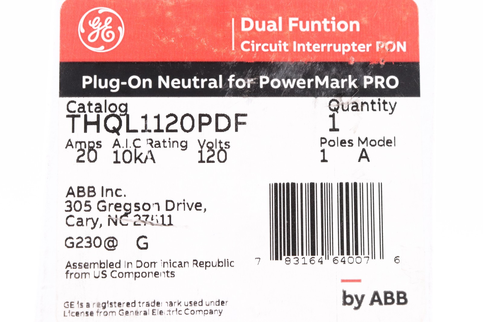 GE THQL1120PDF 20A 1-POLE DUAL FUNTION CIRCUIT BREAKER, PLUG-ON NEUTRAL