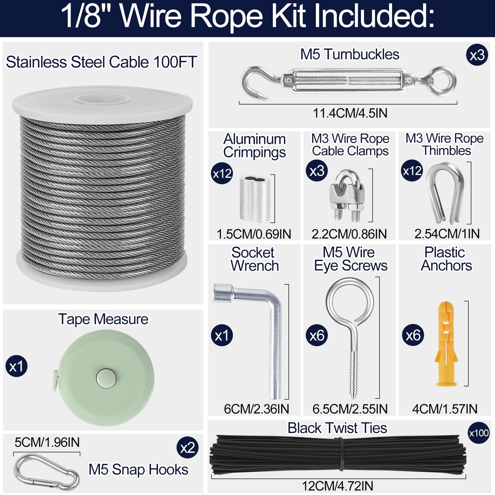 100 FT 1/8 Inch Stainless Steel Wire Rope Kit M5 Turnbuckles 7×7 String Light