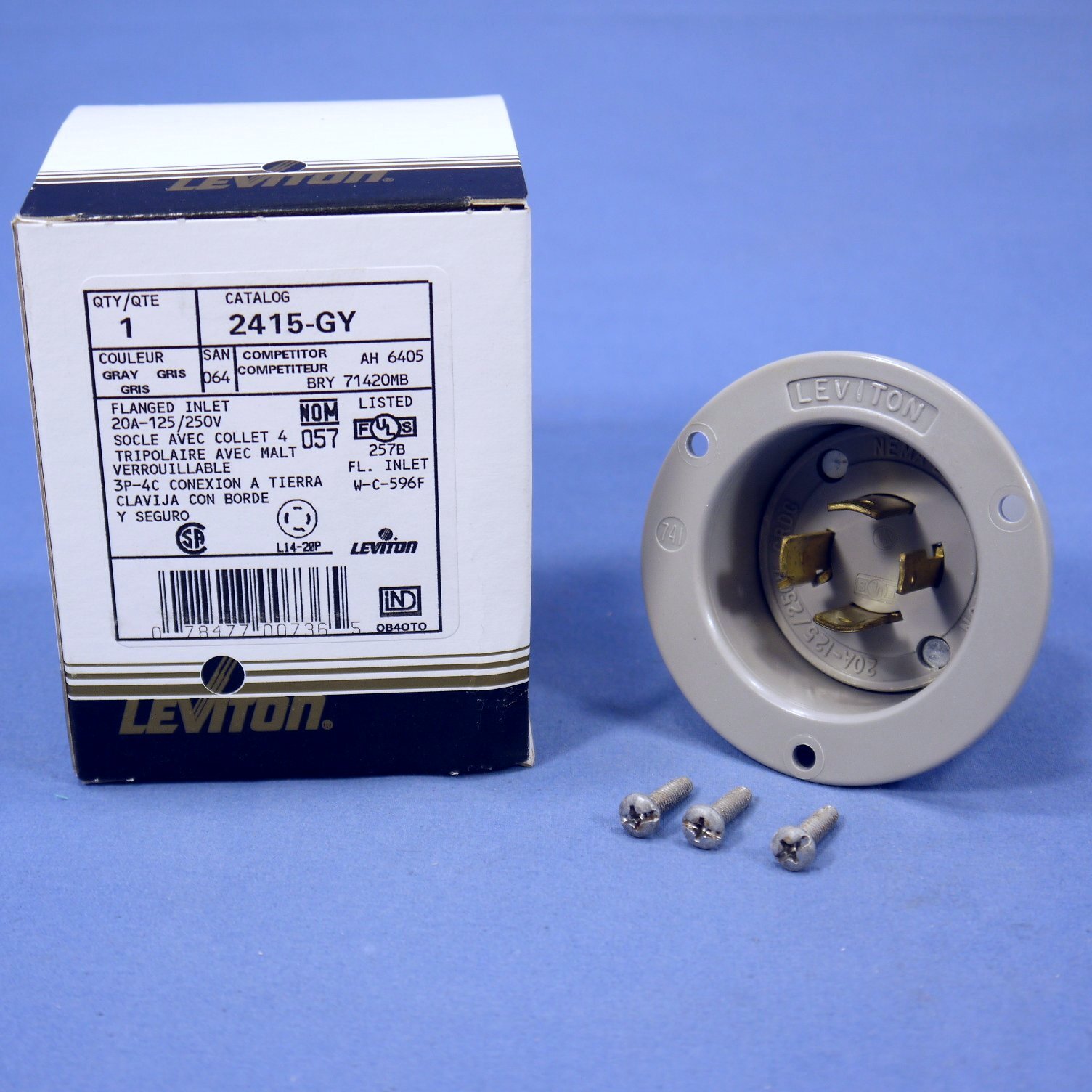 Leviton Gray L14-20P Locking Flanged Inlet Turn Twist Plug 20A 125/250V 2415-GY