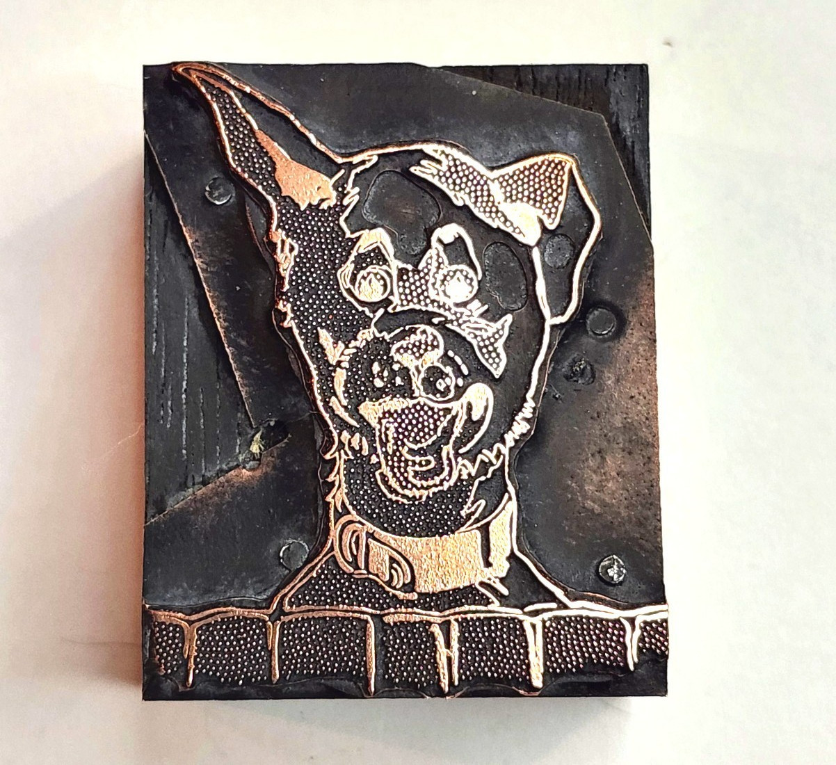 Dog Peaking Over Fence Letterpress Printing Block Copper 1.75″ x 1.5″