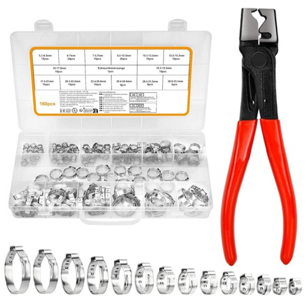 304 Stainless Steel Single Ear Hose Clamps 160 PCS Kit with Pincers Universal
