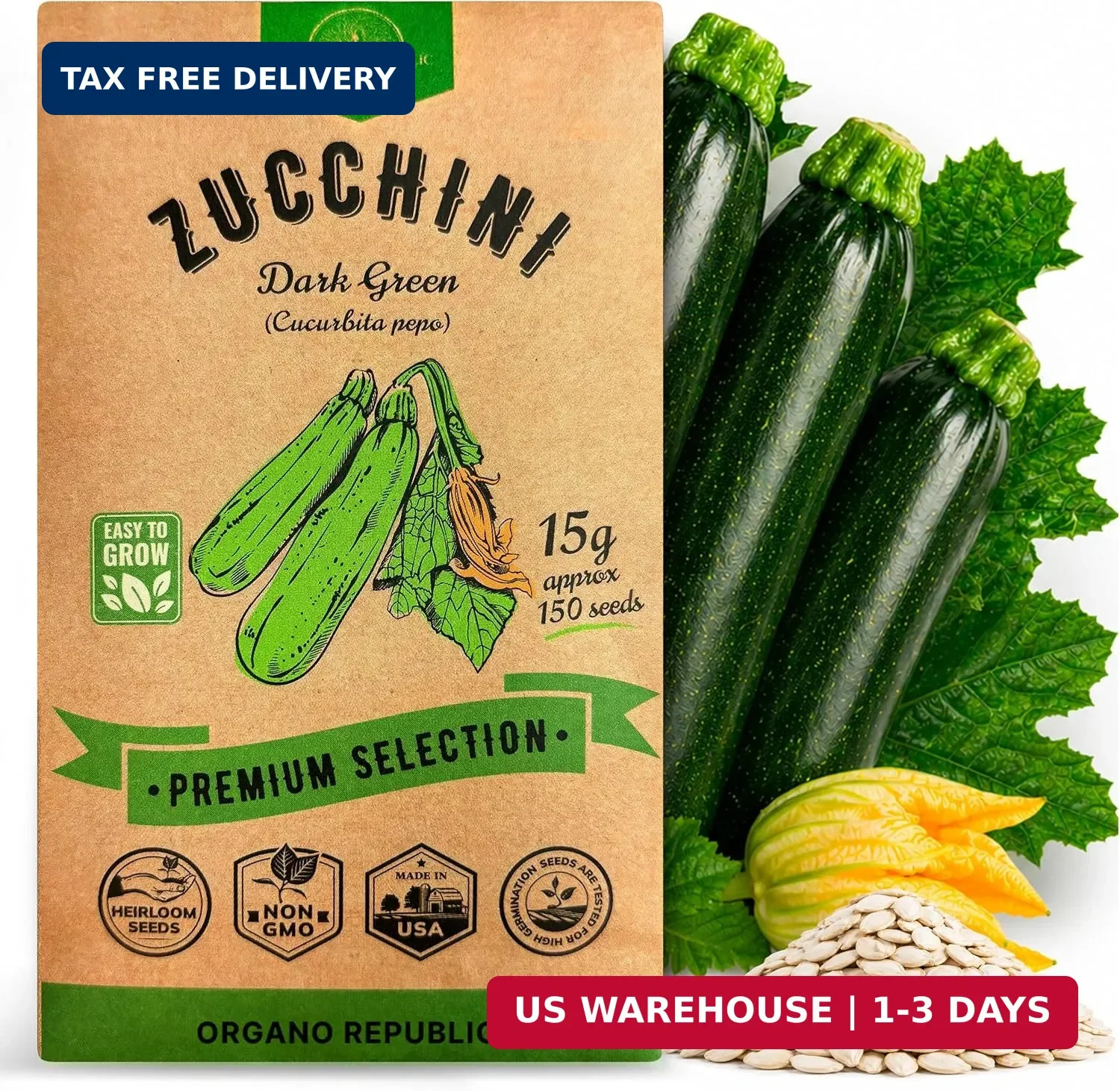 Organo Republic Dark Green Zucchini Seeds Pack 15 G – Over 150 Non-GMO Heirloom