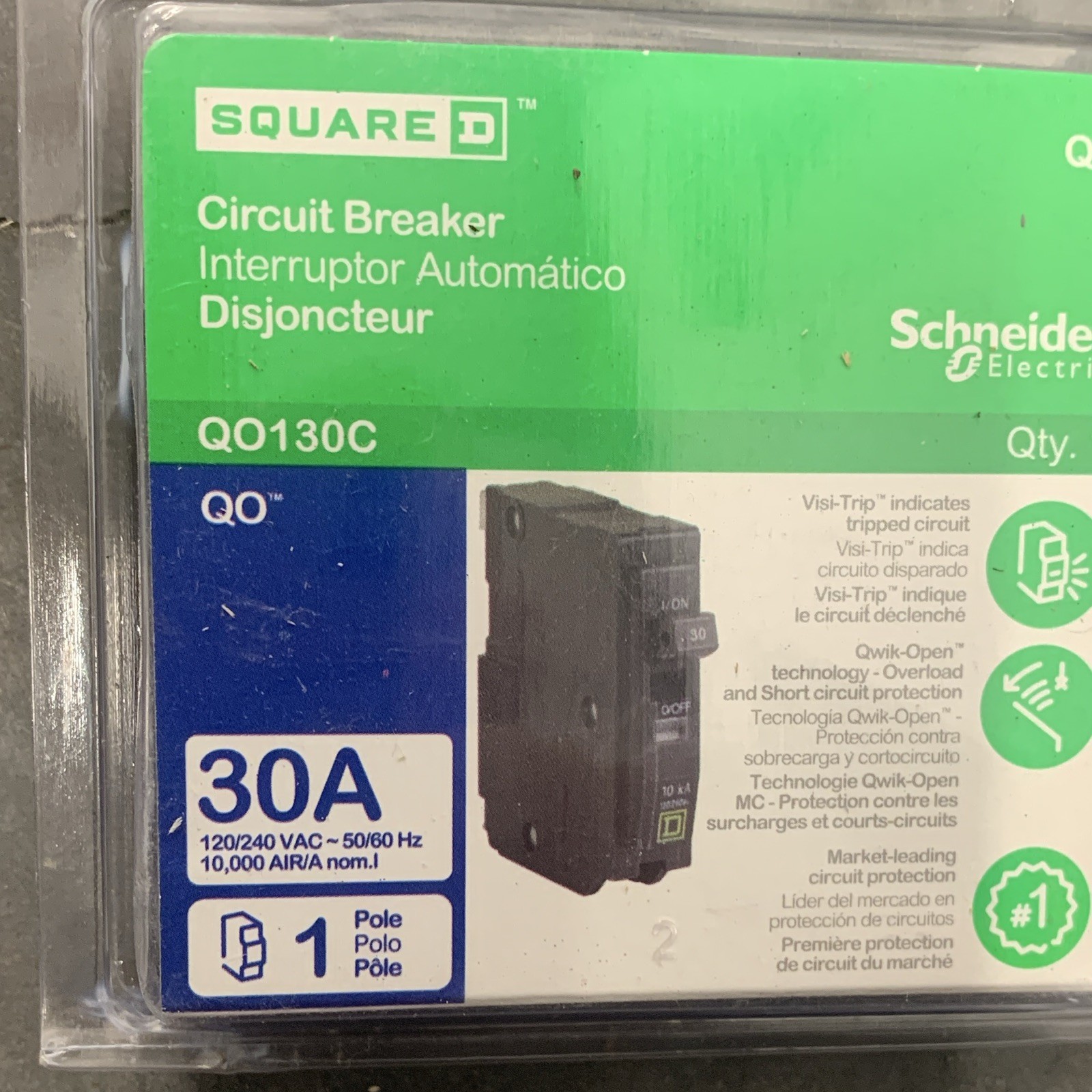 Square D QO130C QO Circuit Breaker 30A 1-Pole 120/240 Vac Trip Indicator