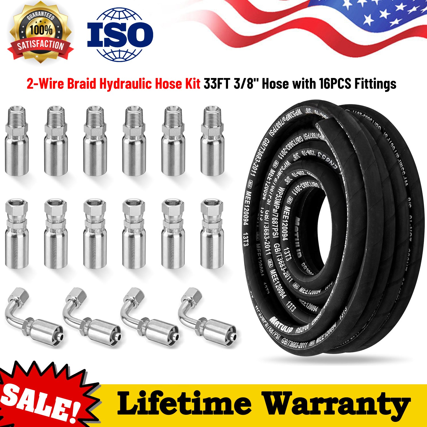 2-Wire Braid Hydraulic Hose Kit 33FT 3/8″ Hose with 16PCS Carbon Steel Fittings