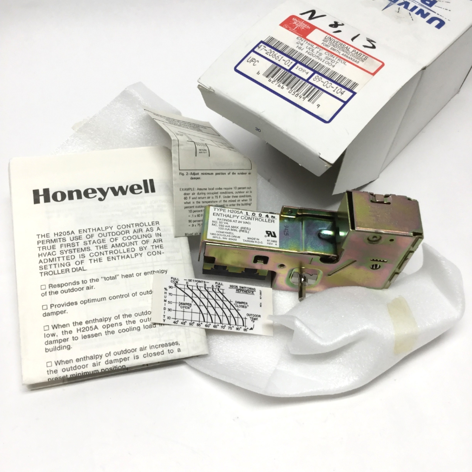 Honeywell H205A1004 Damper Enthalpy Controller SPDT 24VAC 53-78°F 10-80%RH