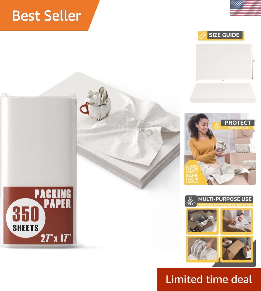Moving Packing Paper Bundle – 350 Acid-Free Sheets, 27″ x 17″ for Fragile Items