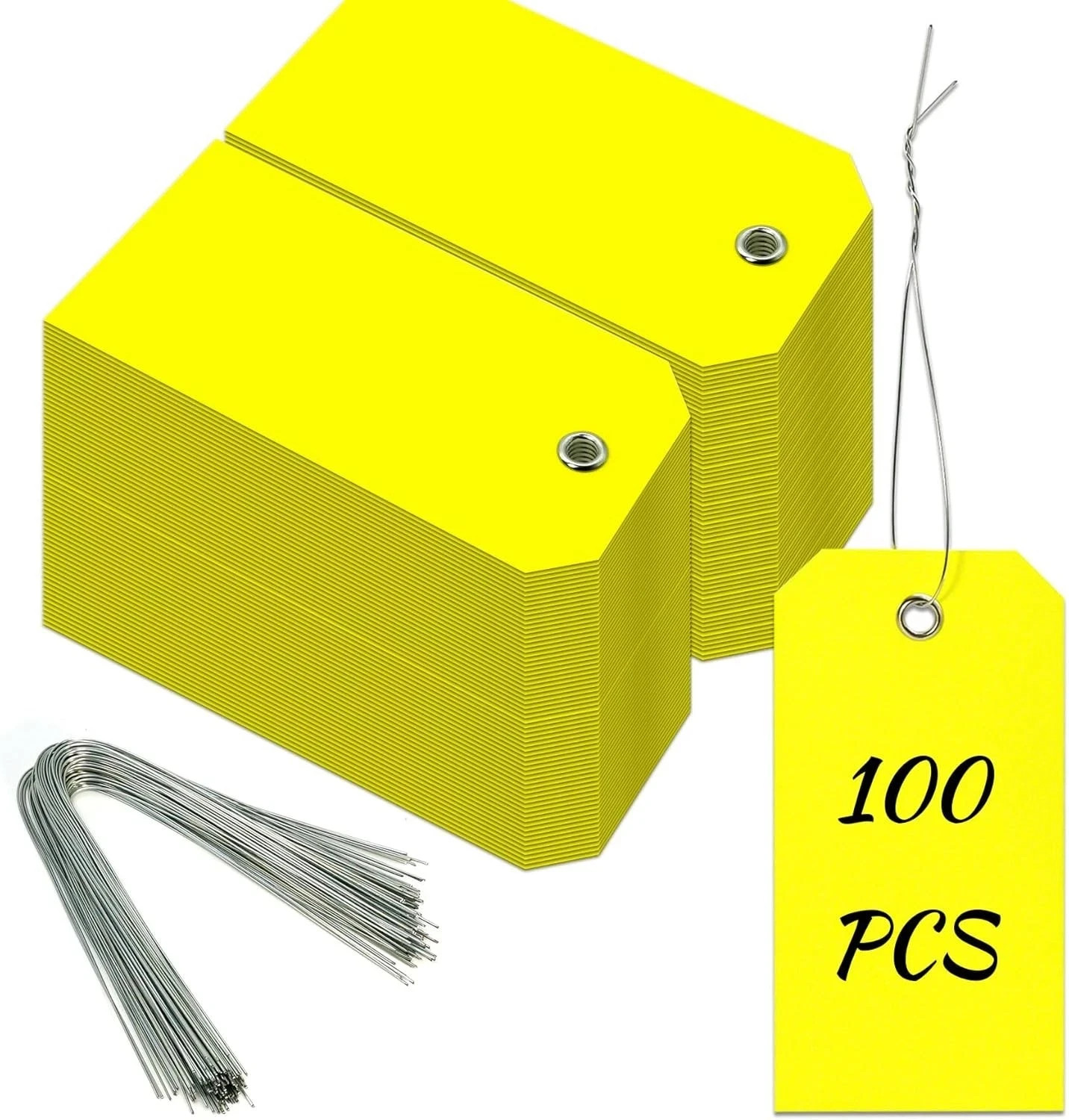 100Pcs Yellow Plastic Shipping Tags with Wire Waterproof ID Inventory Labels..